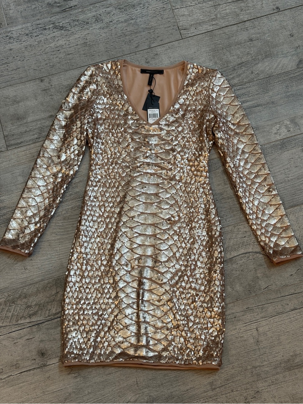 BCBGMaxAzria Homecoming Cocktail Party Rose Gold Sequined V-Neck Mini Dress